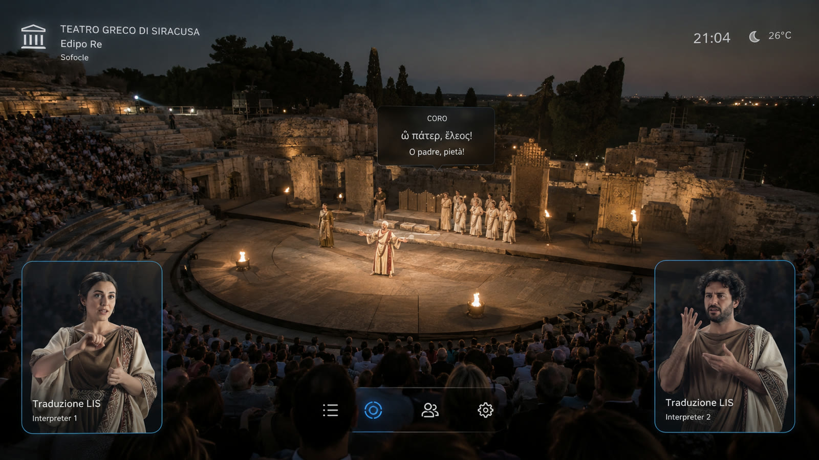 Spettacolo serale al Teatro Greco di Siracusa con sottotitoli multilingue e traduzione nella lingua dei segni