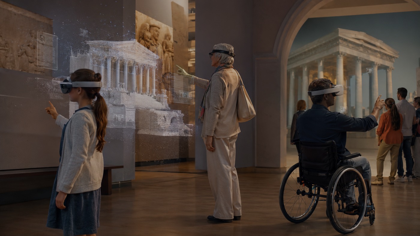 Un pubblico eterogeneo — bambini, anziani e persone con disabilità — vive un'esperienza immersiva al museo