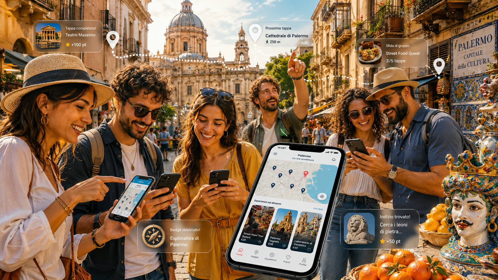 Gruppo di visitatori esplora Palermo con lo smartphone in una caccia al tesoro urbana, sullo sfondo la Cattedrale